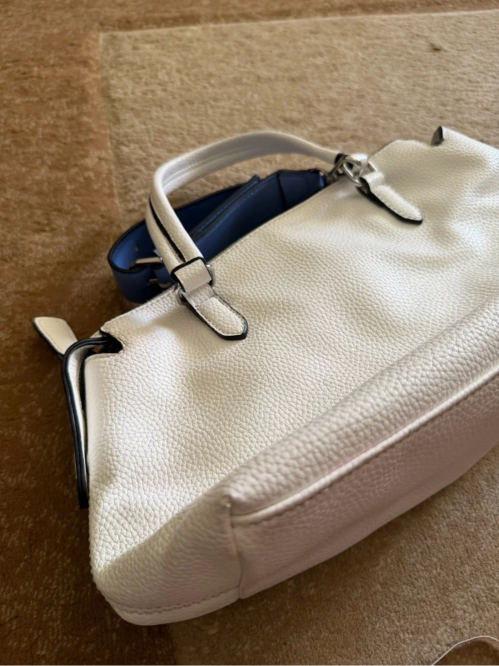 GUESS White Satchel with Blue Floral Accents and Navy Strap